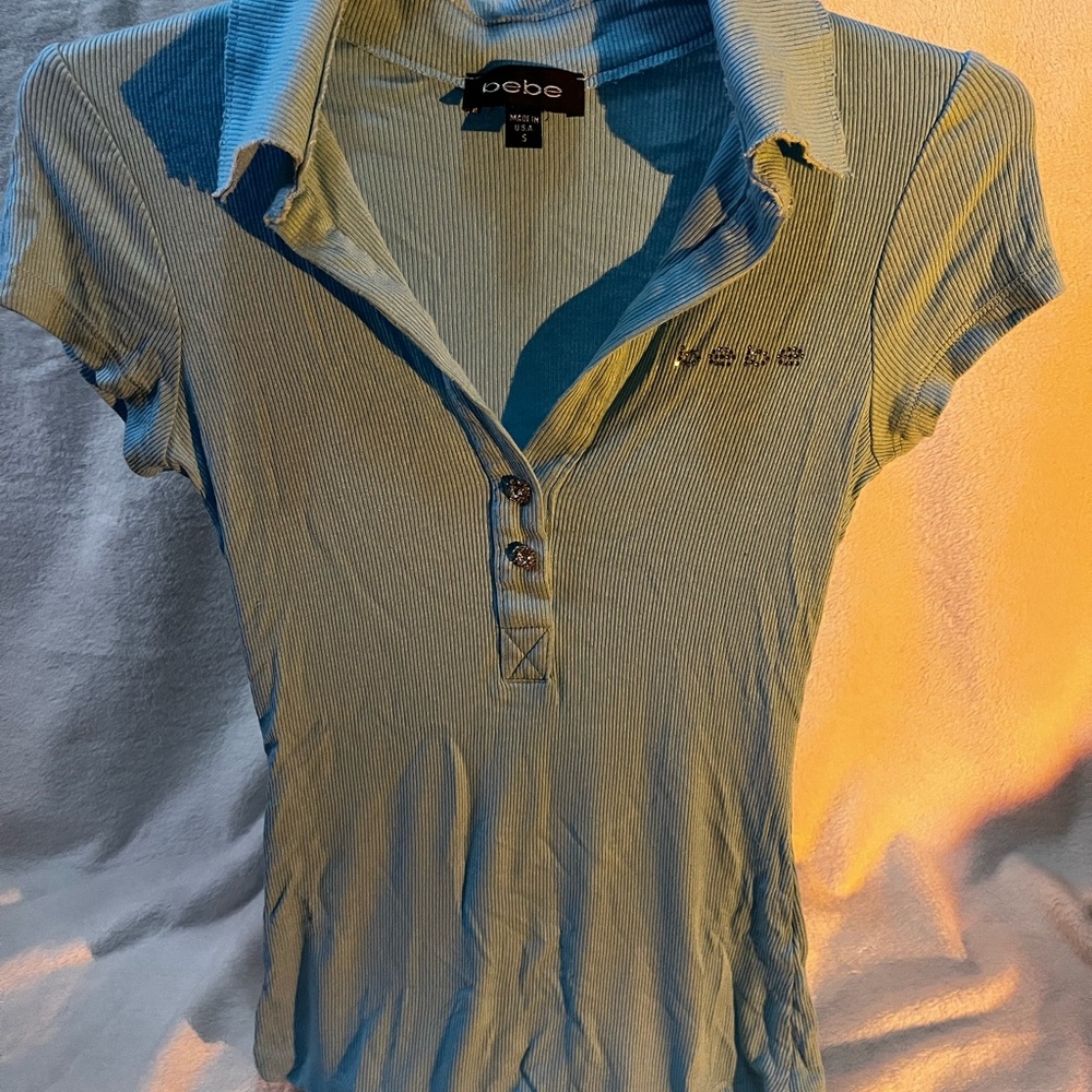 bebe Light Blue Ribbed Polo Tee